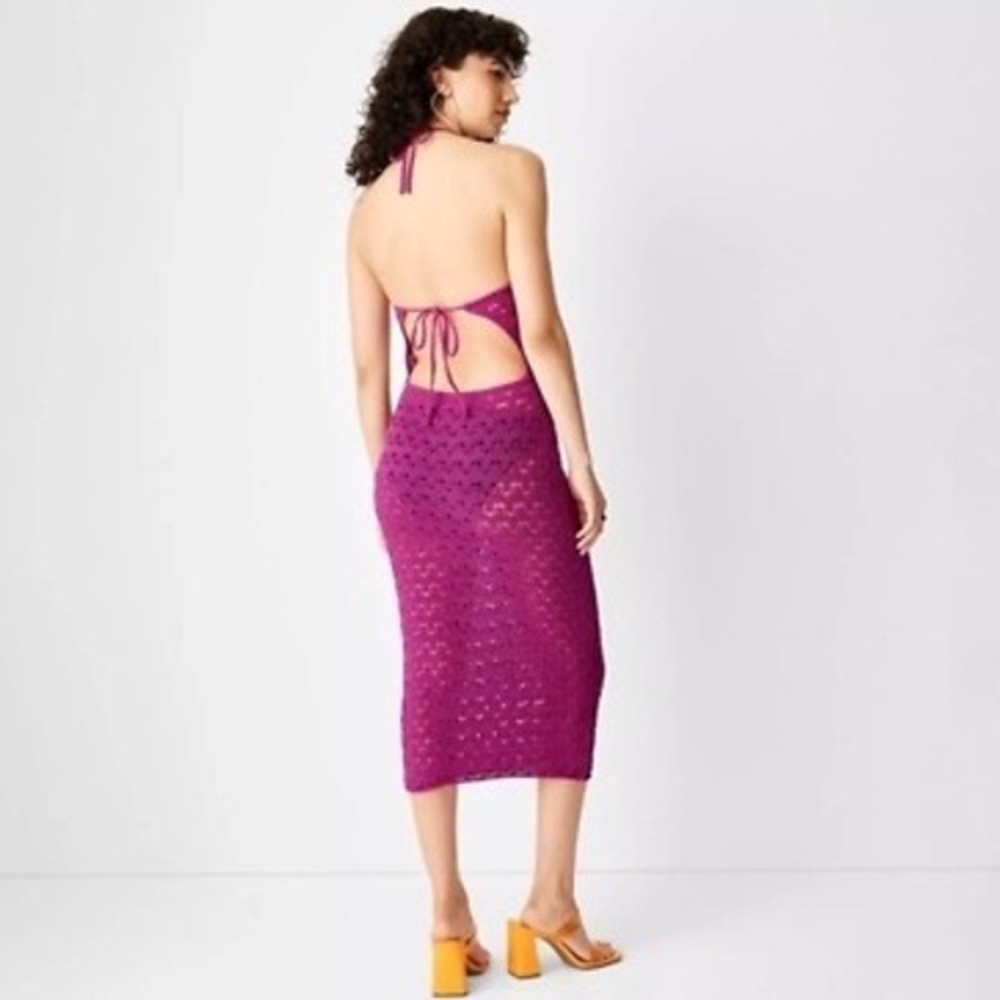 Future Collective Alani Noelle Magenta Crochet Halter Open Back Midi Dress M